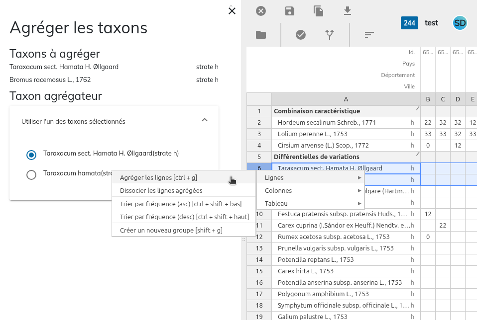 Agr&eacute;ger les taxons dans un tableau